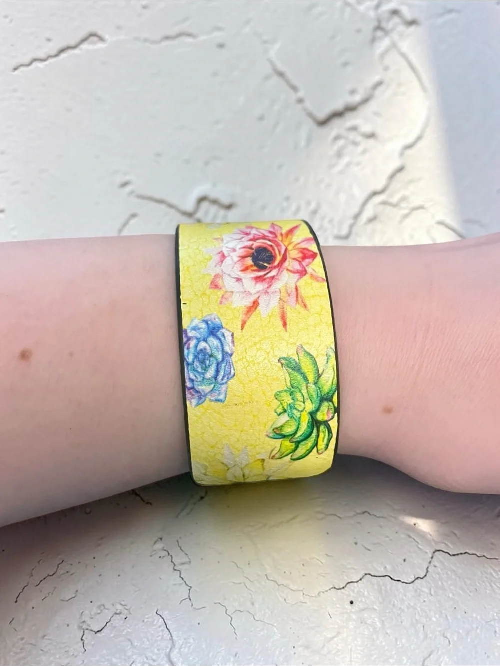 Story by Davinci Yellow Leather Floral Cuff Bracelet NWOT